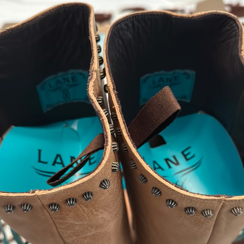 Lane Boots Women's Brown Leather Knee-High Heeled Boots with Teal Lace-Up Detail - Picture 3 of 7